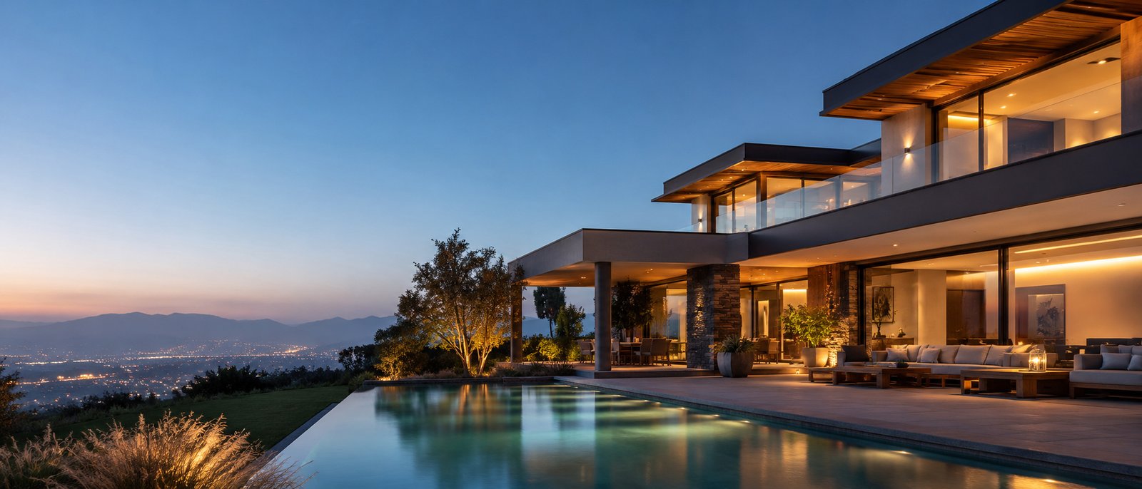 Residencia contemporánea con piscina y vista panorámica al atardecer