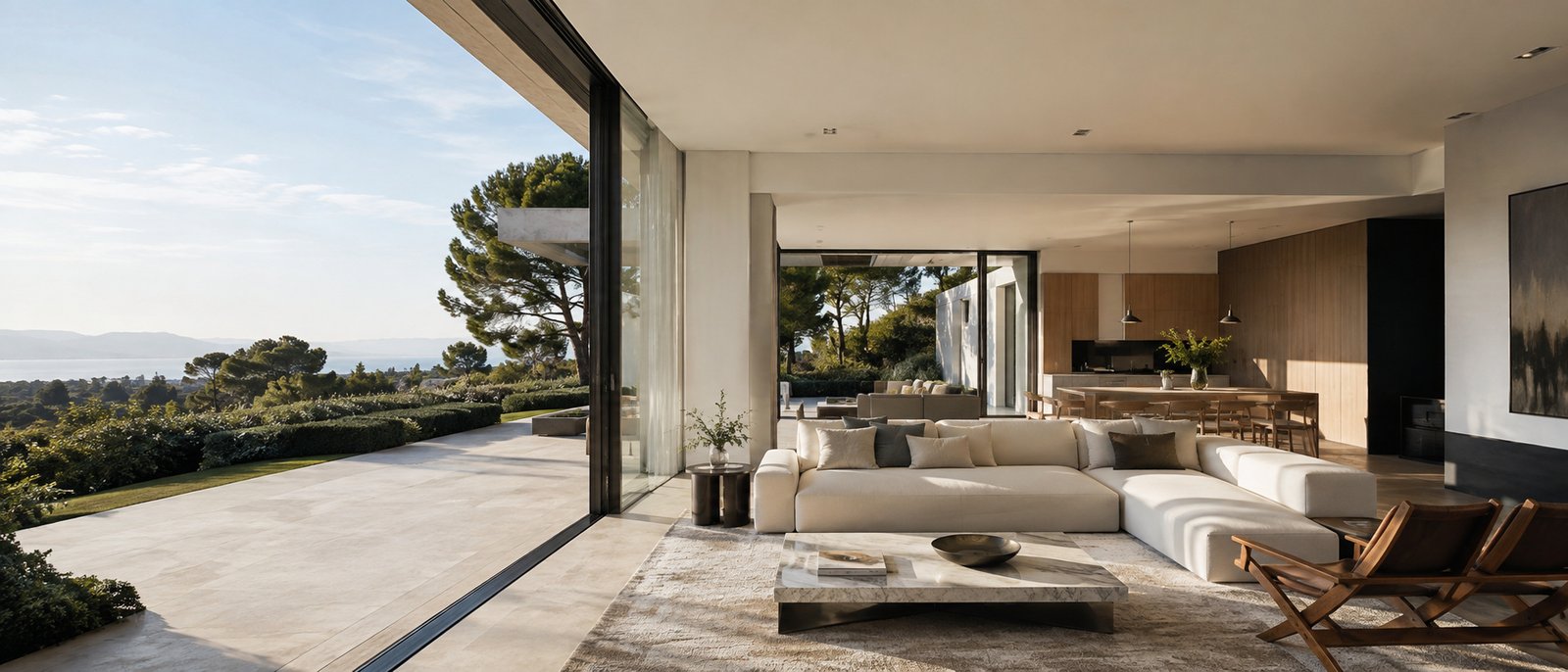 Living contemporáneo conectado con jardín y grandes ventanales