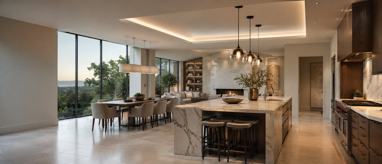 Cocina y comedor de alto estándar con iluminación arquitectónica